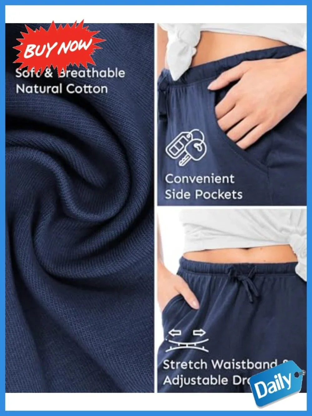 100% Cotton Knit Pajama Pants with Drawstring & Pockets Lounge Sleep Bottoms